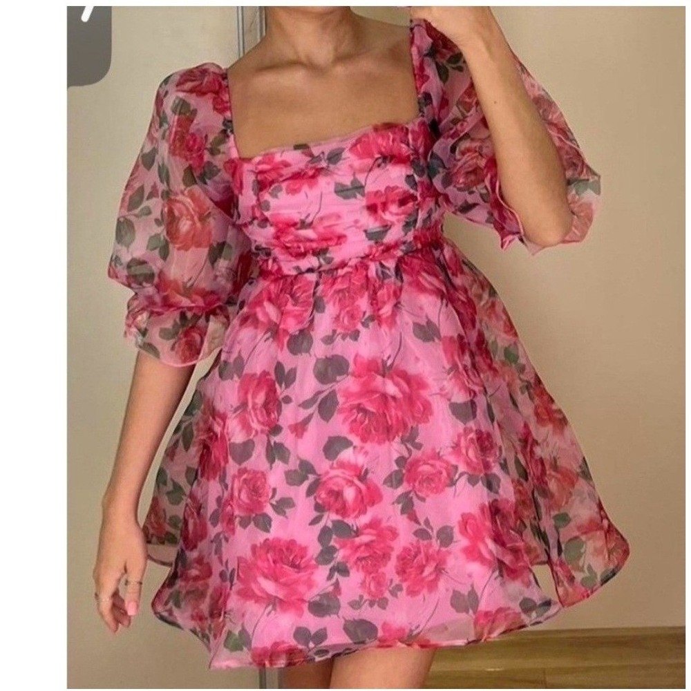 Thirty Thirty LA Pink Rose Floral Puff Sleeve Babydoll Mini Dress Large Smocked